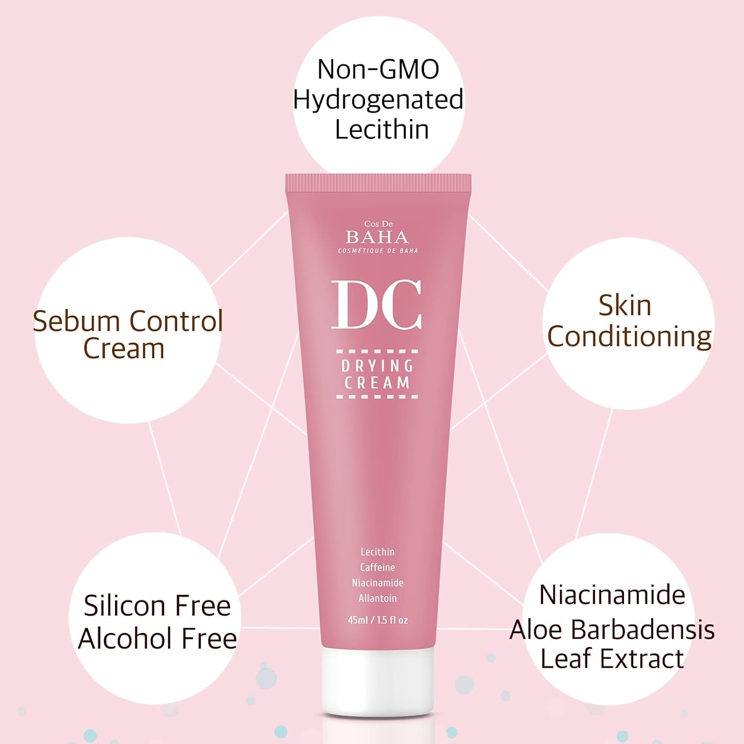 Cos De BAHA Drying Cream for Face Sebum Control Oily Skin Moisturizer with Hydrogenated Lecithin + Niacinamide 5% - Silicon Free, Alcohol Free, Facial Skin Conditioning, 1.5 Fl Oz (45Ml)