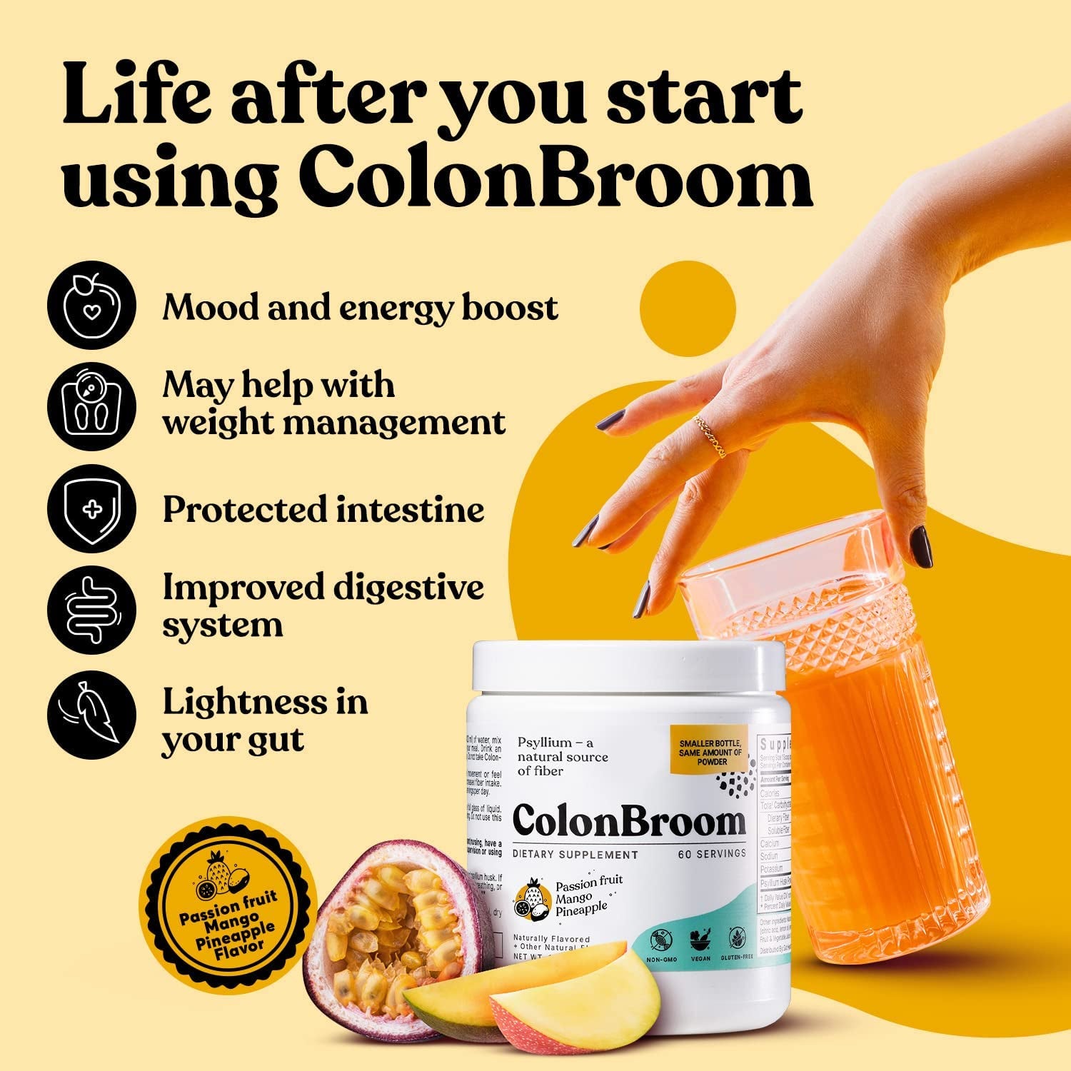 Colonbroom Psyllium Husk Powder Colon Cleanser (Tropical Fruits) - Vegan, Gluten Free Fiber Supplement - Safe Colon Cleanse for Constipation Relief, Bloating Relief & Gut Health (60 Servings)