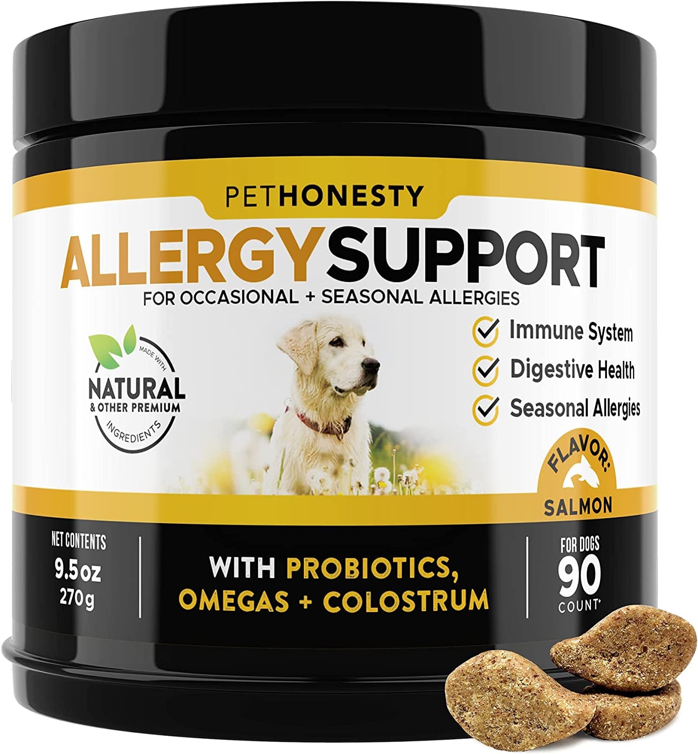 Pethonesty Dog Allergy Relief Chews, Omega 3 Salmon Fish Oil Probiotic Supplement for Anti-Itch, Hot Spots, and Seasonal Allergies (Salmon)